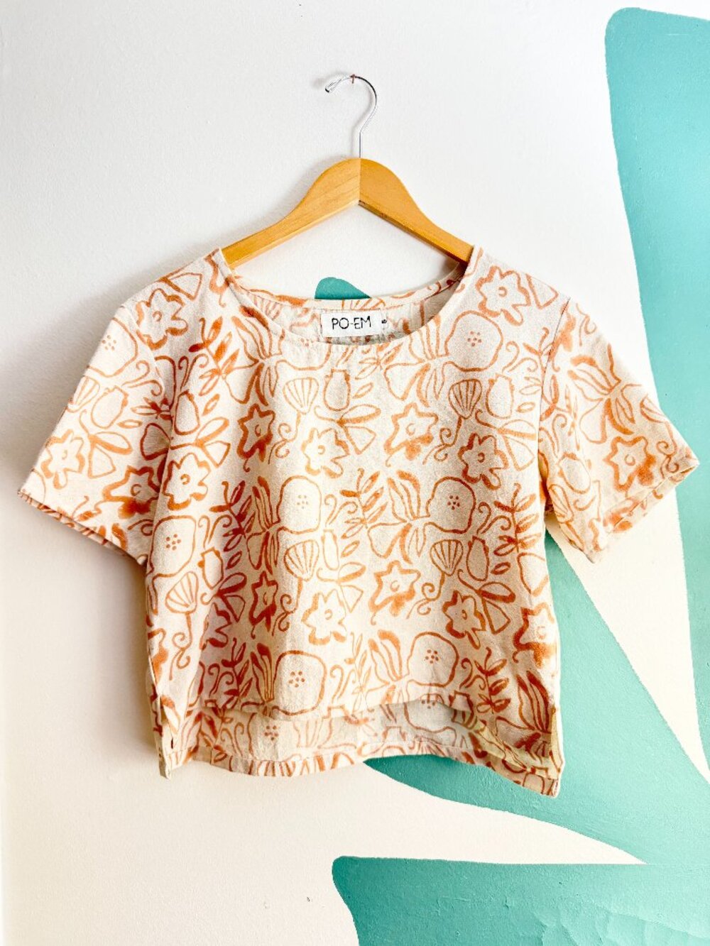 PO-EM Seashell Block Print Cotton Crop Top Size Small
